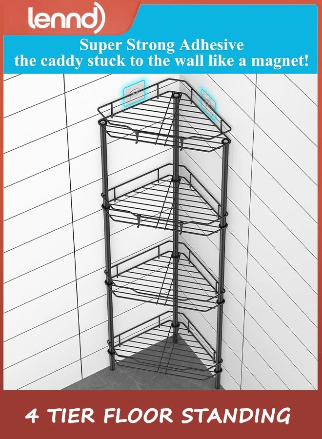 LENND 4 Tier Floor Standing Corner Shower Caddy Organizer Shelf with Hooks, Bathroom Shelves Stand Rack, Black - Image 2